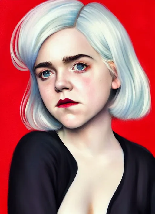 Image similar to full body portrait, kiernan shipka as sabrina spellman, white hair, obese, bangs, sultry, realistic, sultry smirk, fluffy bangs, freckles, fat, belly, intricate, elegant, highly detailed, digital painting, artstation, concept art, smooth, sharp focus, illustration, art by wlop, mars ravelo and greg rutkowski