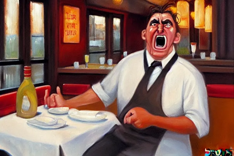 Image similar to a grumpy busser in a restaurant yells at the owner, art by dean macadam