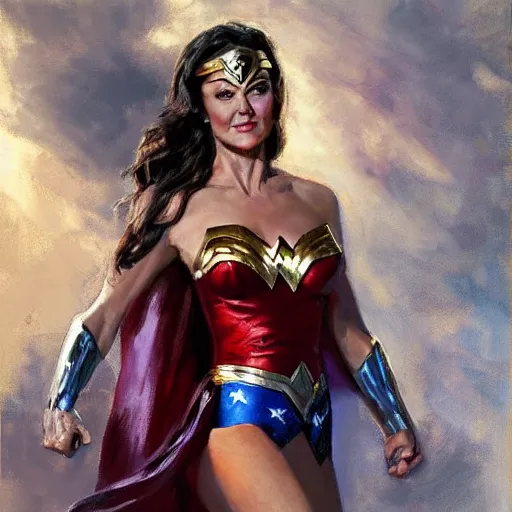 Image similar to portrait of Lynda Carter as Wonder Woman in the morning sun, Danile Gerhartz, oil painting