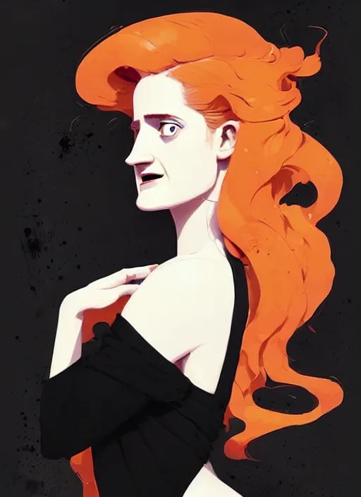 Image similar to highly detailed closeup portrait of beautiful grace gummer as dom dipierro, wavy ginger hair, black dress, by atey ghailan, by greg rutkowski, by greg tocchini, by james gilleard, by joe fenton, by kaethe butcher, gradient orange, black and white color scheme, grunge aesthetic!!! ( ( graffiti tag wall background ) )