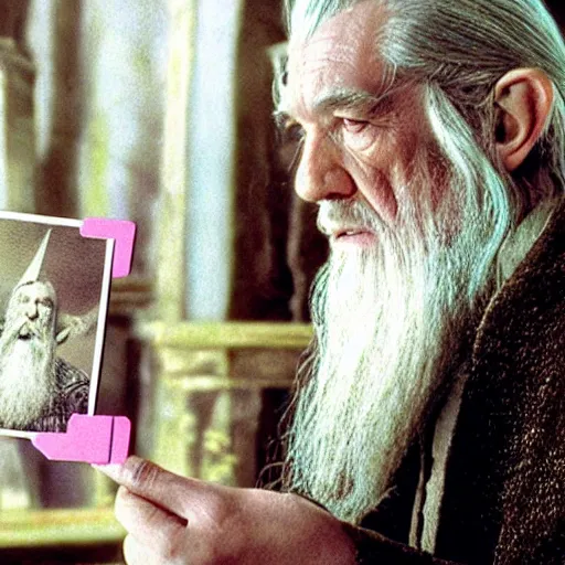 Prompt: portrait of gandalf with a pink bowtie on his head, holding a blank playing card up to the camera, movie still from the lord of the rings