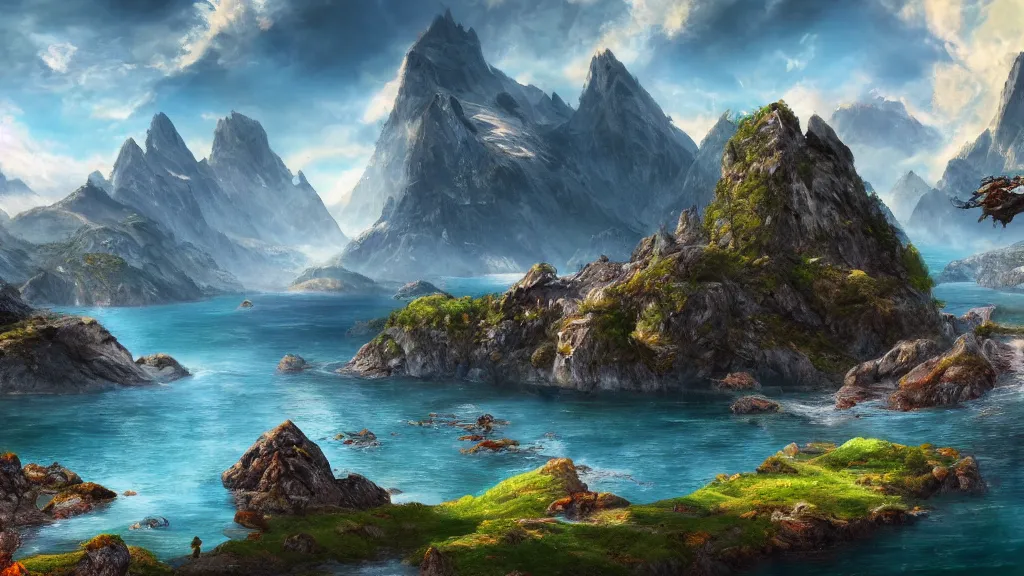 Image similar to archipelago, fantasy artwork, very very very beautiful switzerland landscape, hd, hdr, ue5, ue6, unreal engine 5, cinematic 4k wallpaper, 8k, ultra detailed, high resolution, artstation, award winning