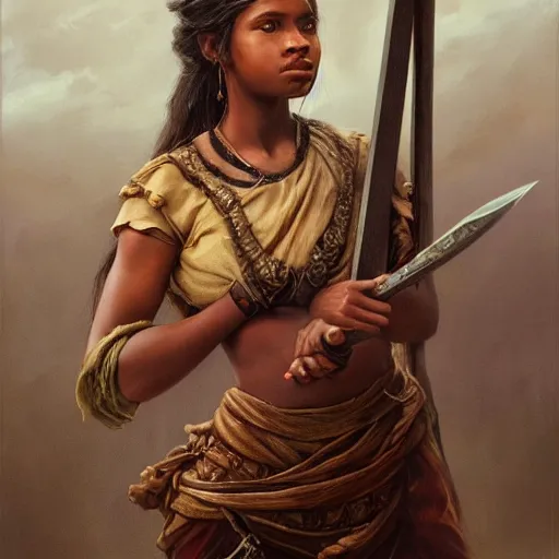 Image similar to artstation concept of a beautiful girl holding a sword in both hands, brown skin, sweaty skin, symmetrical face, casual white garment, brown canyon background, shiny colorful, hyperdetailed, artstation trending, world renowned artists, worth1000.com, historic artworks society, antique renewel, cgsociety, by greg rutkowski, by Gustave Dore, Deviantart