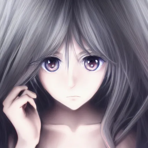 Prompt: anime, young girl with long wavy light silver hair with blackness int the eyes, hd,