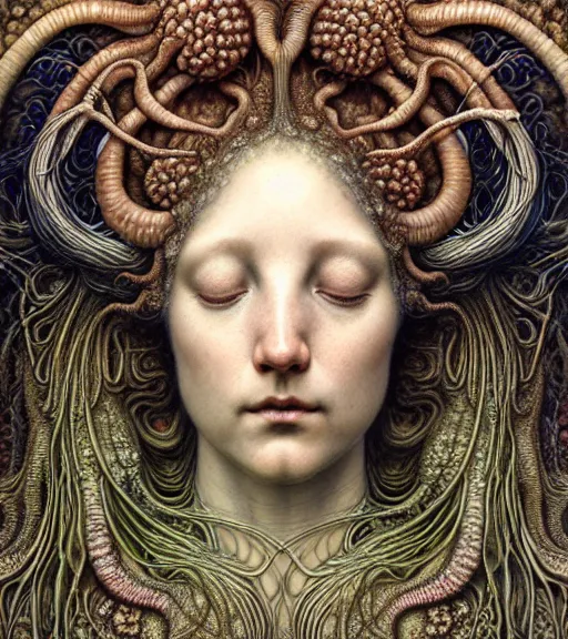 Prompt: detailed realistic beautiful fungi goddess face portrait by jean delville, gustave dore, iris van herpen and marco mazzoni, art forms of nature by ernst haeckel, art nouveau, symbolist, visionary, gothic, neo - gothic, pre - raphaelite, fractal lace, intricate alien botanicals, ai biodiversity, surreality, hyperdetailed ultrasharp octane render