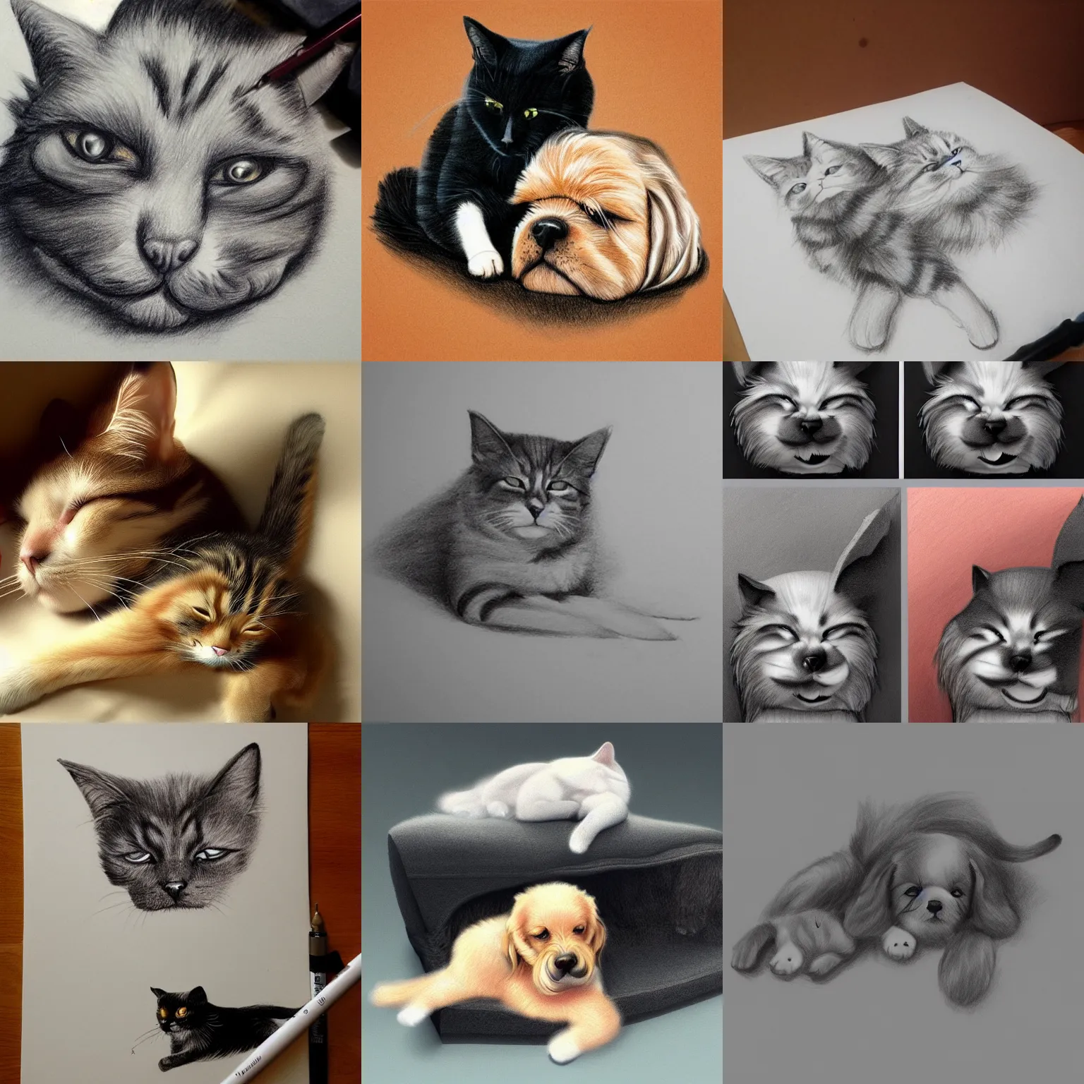 Prompt: cat and dog, cat sleeping, dog sleeping, puppy, cute drawing, trending on Artstation, concept art, realistic, volumetric fur
