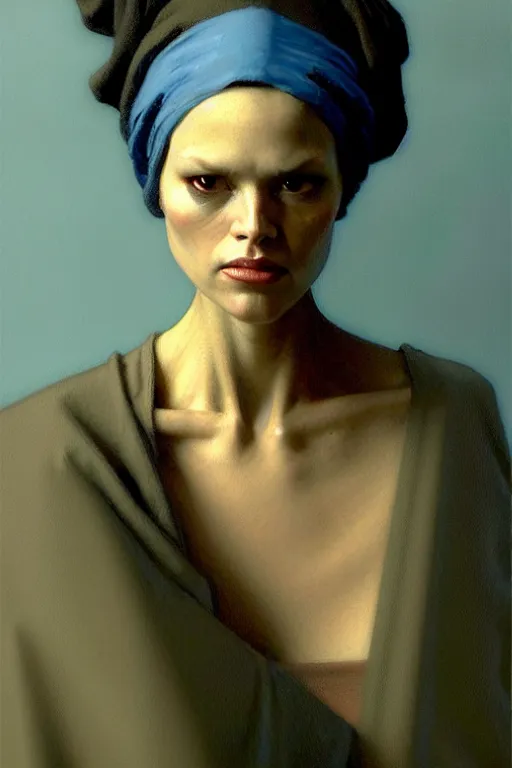 Image similar to full character portrait system shock character not the girl with the pearl earring character design, painting by gaston bussiere, katsuya terada, nc wyeth, greg rutkowski, craig mullins, vermeer, frank frazetta, mucha, tom of finland, trending on artstation, jeffery catherine jones