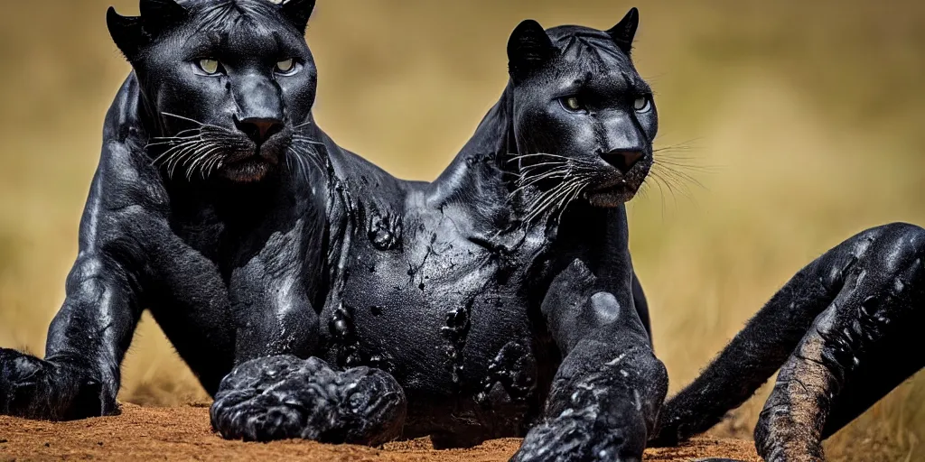 Prompt: a panther, made of smooth black goo, viscous, sticky, full of tar, covered with black goo, posing for a portrait. photography, dslr, color, savanna, wildlife photography, black goo, award winning portrait, animal portrait