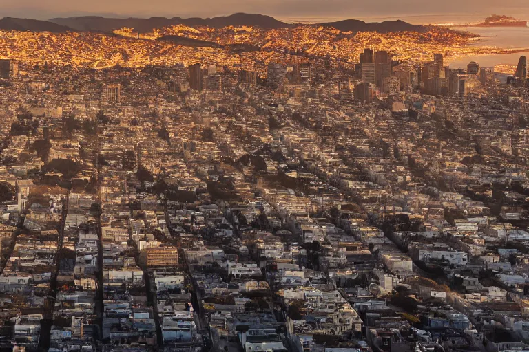 Image similar to aerial view of san francisco post apocalyptic, panoramic photography, golden hour, soft lighting, beautiful photo