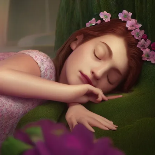 Prompt: girl sleeping on a big flower, illustrated painting, incredible details, highly detailed, photorealistic, disney pixar, smooth, octane render, iridescent, 8 k