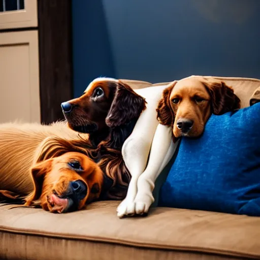 Prompt: a cute spaniel, Labrador and golden retriever spread out on a plush blue sofa. Award winning photograph, soft focus, style of Vogelsang, Elke