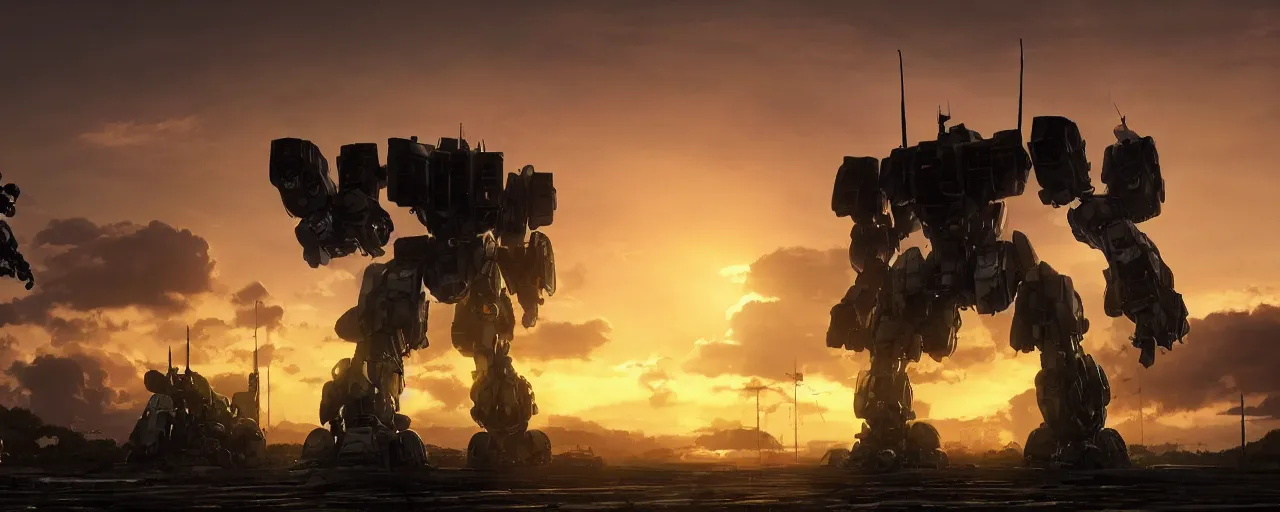 Image similar to A real photo of a giant mechwarrior robot and the sunset in the distance, by Josan Gonzalez, Yoji Shinkawa and Geof Darrow, highly detailed, Unreal Engine Render, 3D, 8k wallpaper