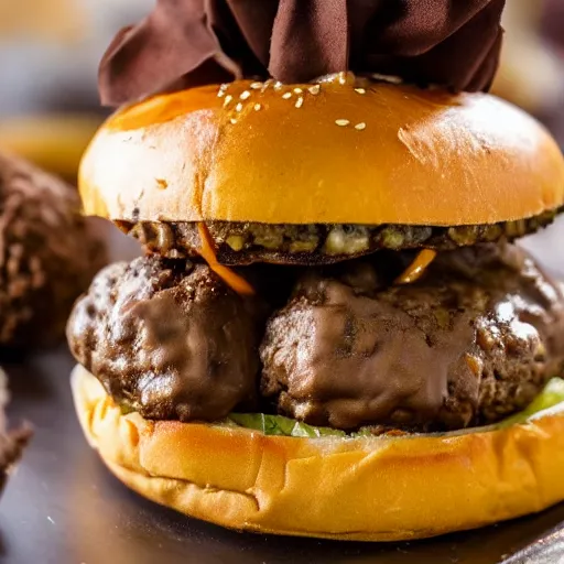 Image similar to closeup photo of most delicious cheeseburger with chocolate truffles inside