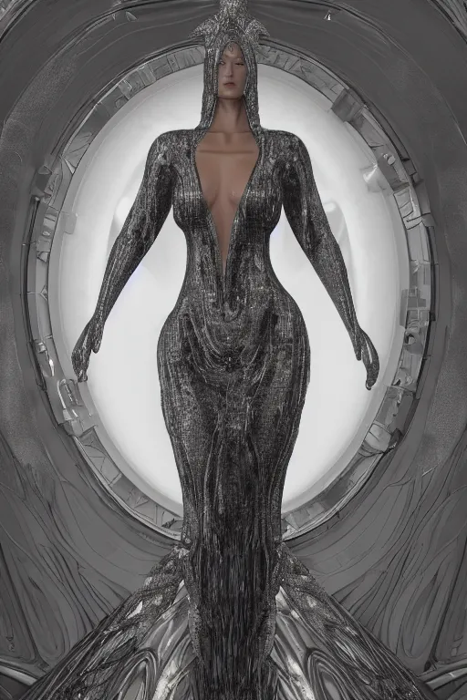 Image similar to a highly detailed portrait of a beautiful alien goddess bella hadid in iris van herpen dress in diamonds in style of alphonse mucha trending on artstation made in unreal engine 4