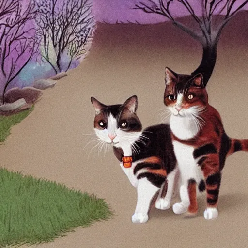 Prompt: two calico cats walking together outside on a beautiful day, cute storybook illustration