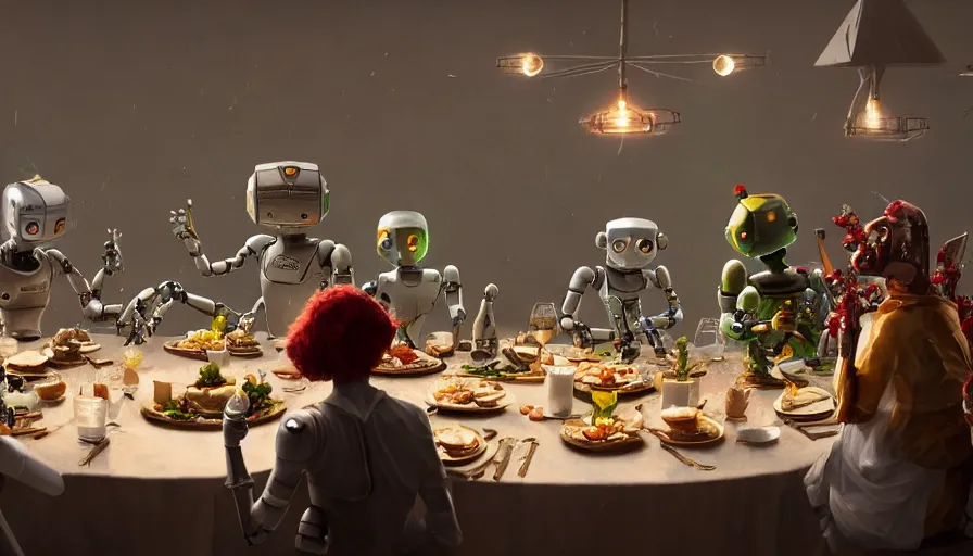 Image similar to a table dinner of robots where robots are dressed like the characters from the midsommar movie, cinematic, hyperdetailed, octane render, trending on art station, ultrarealistic