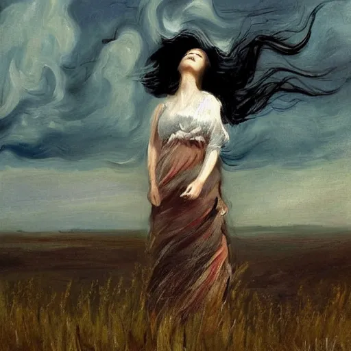 Prompt: the painting depicts a woman standing in a field of ashes, her dress billowing in the wind. her hair is wild and her eyes are closed, and she seems to be in a trance - like state. the painting is dark and atmospheric, and the ashes in the field seem to be almost alive, swirling around. by harriet backer, by nicolas de stael atmospheric