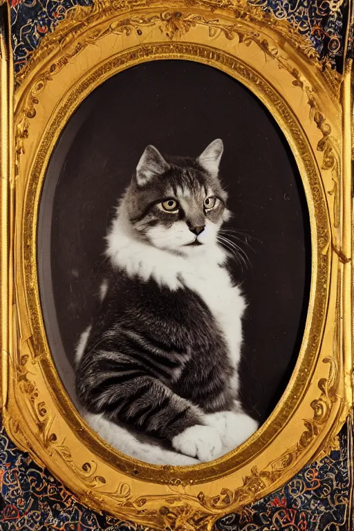 Image similar to a ambrotype portrait of a royal cat, outrageously fluffy, on an embroidered velvet cushion on a neo - rococo gilded little bed, photorealistic, photography, wide shot