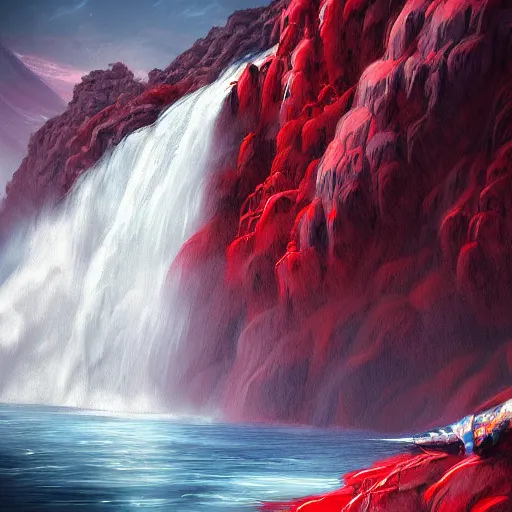 Image similar to a waterfall of blood falls from the top of the mountain, the demons sail along it in canoes, vivid color, highly detailed, mistic atmosphera, digital painting, artstation, concept art, matte, sharp focus, manga style,