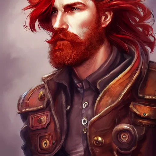 Image similar to rugged ship captain, male, handsome, flowing red hair, fantasy, detailed face, ruggedly handsome, intricate, elegant, highly detailed, piercing eyes, steampunk, digital painting, artstation, concept art, character art, smooth, sharp focus, illustration, art by artgerm