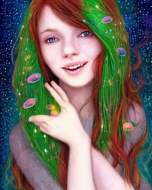 Image similar to infp girl, smiling, amazed by the lights of golden fireflies, amidst nature fully covered, long loose red hair, intricate linework, dreamy green eyes, small nose with freckles, oval shape face, realistic, expressive emotions, dramatic lights, spiritual scene, hyper realistic ultrafine art by battistello caracciolo, albert bierstadt and artgerm