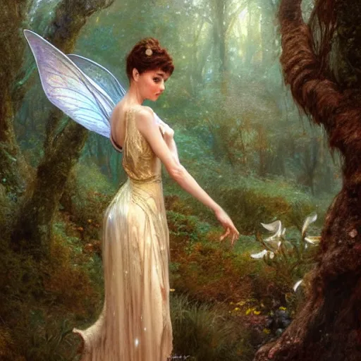 Prompt: audrey hepburn as a winged fairy in a fantasy forest, various backgrounds, highly detailed, digital painting, artstation, matte, illustration, art by gaston bussiere, greg rutkowski, tom bagshaw