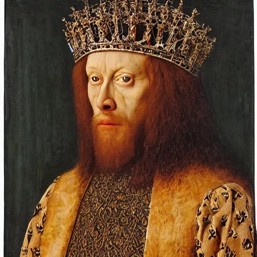 Image similar to portrait of a king with a lions head for a head, oil painting by jan van eyck, northern renaissance art, oil on canvas, wet - on - wet technique, realistic, expressive emotions, intricate textures, illusionistic detail