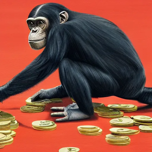 Image similar to a painting of a chimpanzee wearing a business suit picking up pennies on a street in manhattan, hyperrealistic