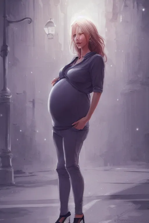 Image similar to pregnant woman under street light, highly detailed, sharp focused, ultra realistic digital concept art by artgerm