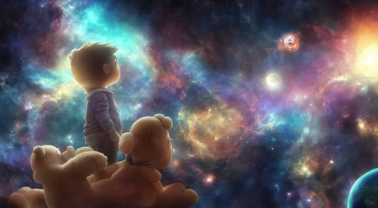 Prompt: a boy drifting through the cosmos with his teddy bear, gazing at the anatomical heart that beats at the nexus of space and time. fanart anime fanart, in the universe 16k resolution, godrays, planets and space, extraordinary sights, battle for the universe. unreal engine 60 fps screenshot, treding on art station. Emotional. The End of All Existence.