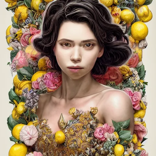 Image similar to the portrait of an absurdly beautiful, graceful, elegant, sophisticated, young idol made up of lemons, an ultrafine hyperdetailed illustration by kim jung gi, irakli nadar, intricate linework, bright colors, octopath traveler, final fantasy, unreal engine 5 highly rendered, global illumination, radiant light, detailed and intricate environment