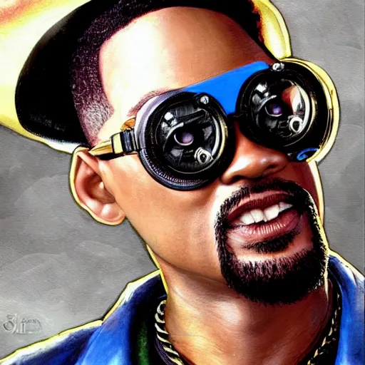 Prompt: will smith wearing big steampunk googles, art by steve henderson