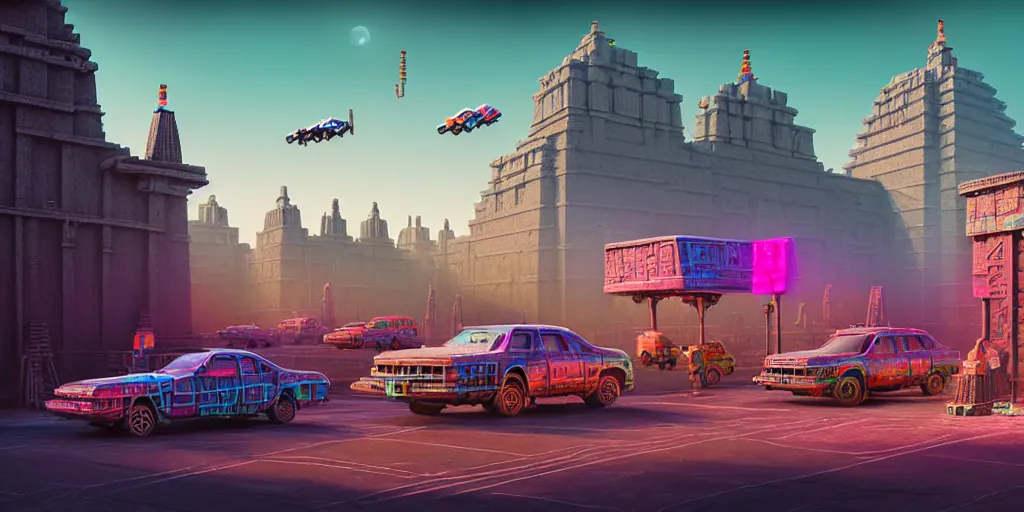 Image similar to hyperrealistic matte painting of aztec temples in a future environment with flying cars, mechanical features and neon, graffiti, scaffolding, smog, destruction by filip hodas, beeple, 4 k, trending on cgsociety