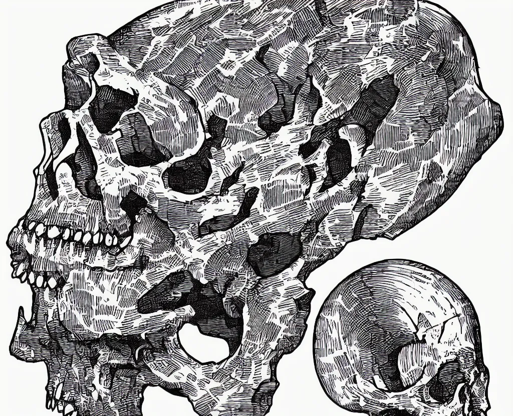 Prompt: Beautiful isometric print of a Skull shaped Asteroid made out of geometric lego bricks in outer space in the style of Albrecht Durer and Martin Schongauer and Hokusai, high contrast!! finely carved woodcut engraving black and white crisp edges