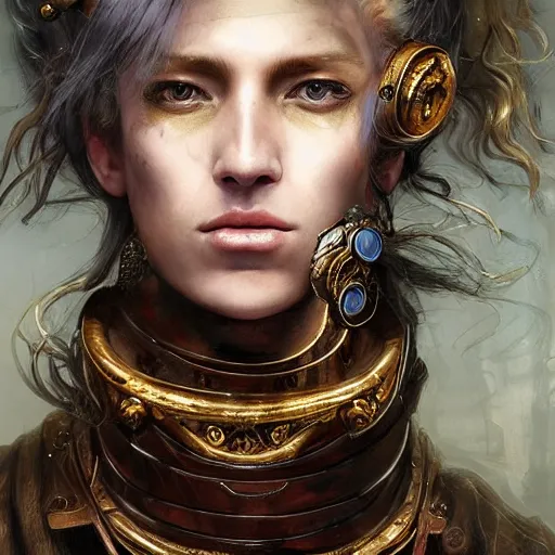 Image similar to portrait, headshot, insanely nice professional hair style, dramatic hair color, digital painting, of a old 17th century, old cyborg merchant, amber jewels, baroque, ornate clothing, scifi, realistic, hyperdetailed, chiaroscuro, concept art, art by Franz Hals and Jon Foster and Ayami Kojima and Amano and Karol Bak,