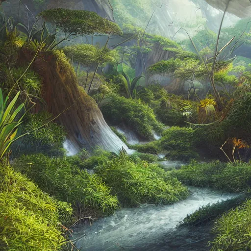 Image similar to painting of a lush natural scene on an alien planet by vincent bons. ultra sharp high quality digital render. detailed. beautiful landscape. weird vegetation. water.