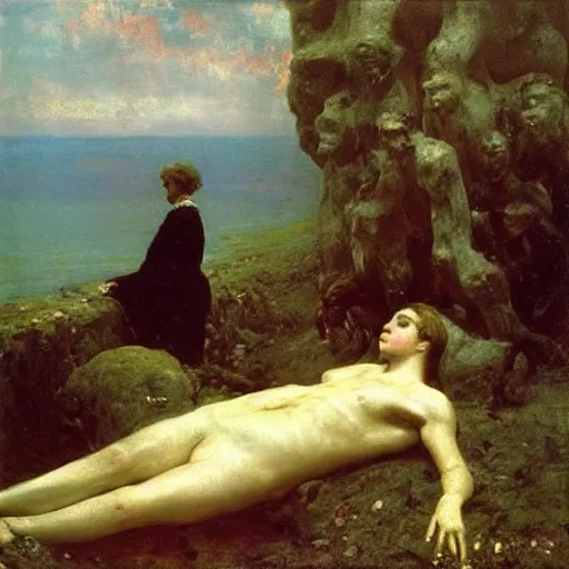 Image similar to the dream of the old tyrant, by ilya repin, oil on canvas, 1 8 8 3