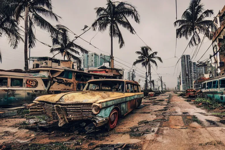 Image similar to low wide angle shot of dilapidated fallout 5 miami, tropical coastal city, desolate, dilapidated neon signs, few rusted retro futuristic vintage parked vehicles like cars, buses, trucks, trams, volumetric lighting, photorealistic, foggy, rain daytime, autumn, overcast weather, sharp focus, ultra detailed, 4 0 0 0 k