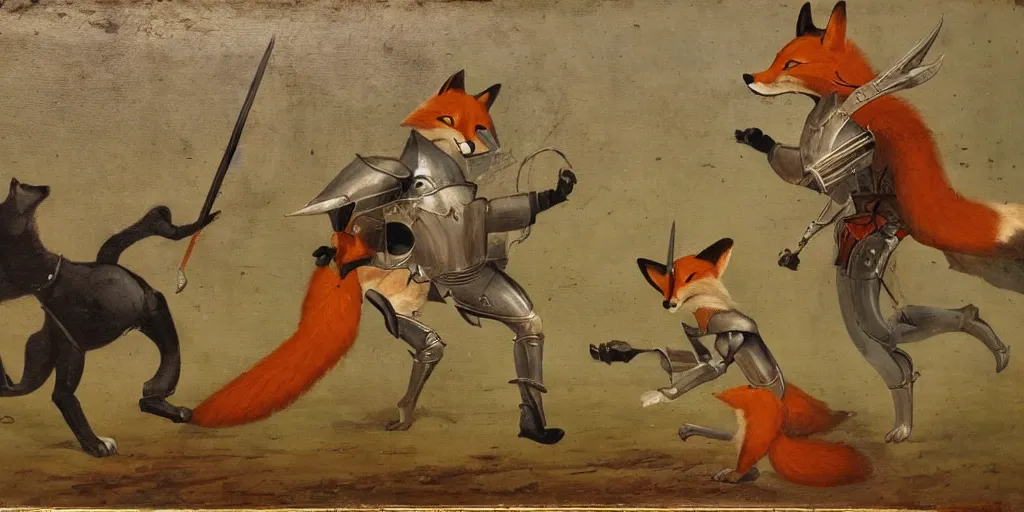 Prompt: an anthropomorphic fox fighting an evil knight who is twice as tall, 1 9 th century painting