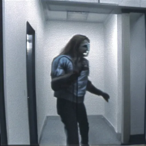 Image similar to a vhs still portrait of aphex twin breaking into the office from a gritty cyberpunk 2 0 0 0 s james cameron movie about spider - man. realism, cinematic lighting, 4 k. 8 mm. grainy. panavision.