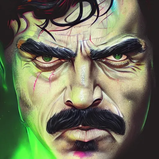 Image similar to a demon slayer portrait of tom selleck, tall, pale - skinned, slender with lime green eyes and long eyelashes by stanley artgerm, tom bagshaw, arthur adams, carne griffiths, trending on deviant art, street art, face enhance, chillwave, maximalist, full of color, glittering