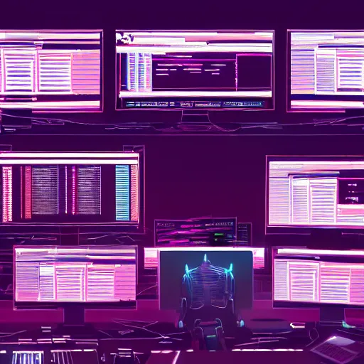 Image similar to hacker coding in front of a dozen screens, synthwave, concept art, digital illustration, highly detailed, 8 k wallpaper