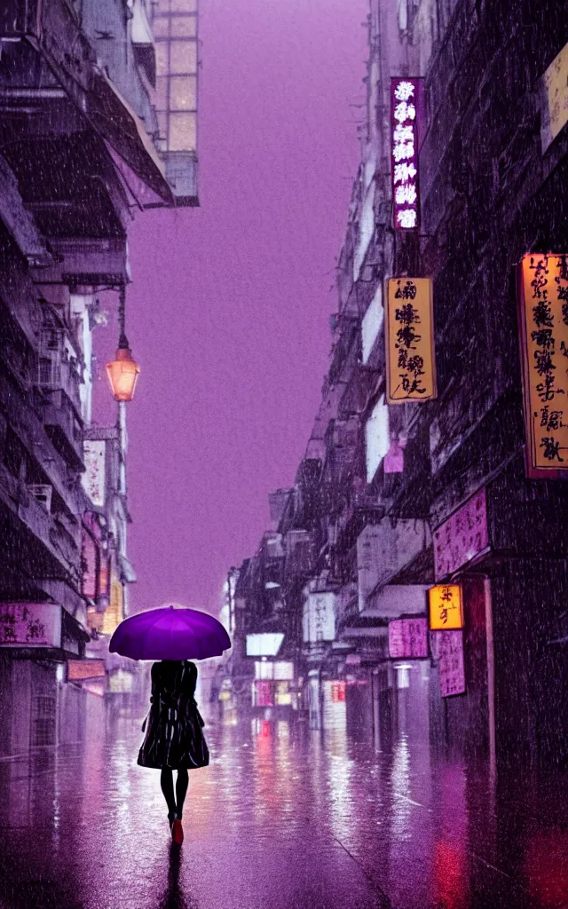 Image similar to a woman holding a purple umbrella walking on the wet street on a rainy night in a hong kong by wes anderson and makoto shinkai. dramatic lighting. cel shading.