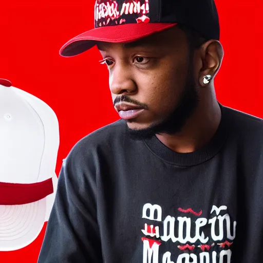 Image similar to kendrick lamar wearing mario hat, red hat with white circle and red m, studio lighting