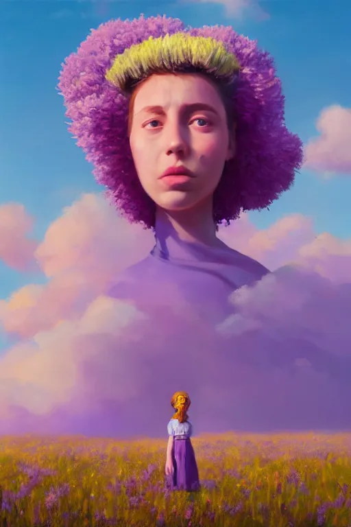 Image similar to portrait, giant lilac flower as head, girl in heather field, surreal photography, golden hour, colorful clouds, impressionist painting, digital painting, artstation, simon stalenhag