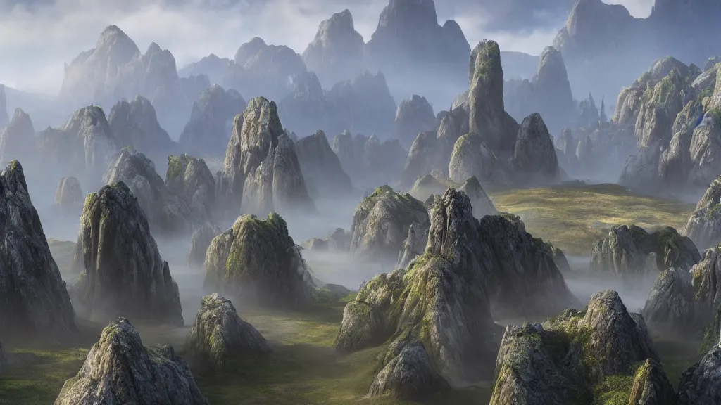 Prompt: epic landscape with large mountains and pillars of rock emerging from the ground, cinematic, light mist, volumetric lighting, hyperrealistic, detailed, arial view, fantastical 4 k hd