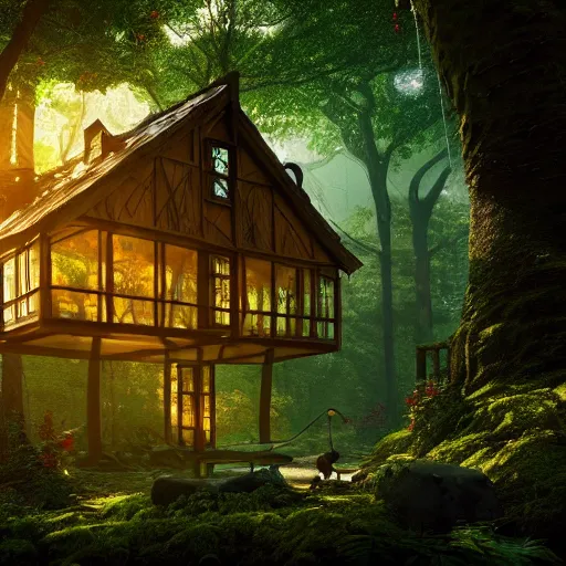 Prompt: a house made of glass in a beautiful fantasy forest, digital art, epic composition, hd, 4 k, octane renderer, professional, intricate detail
