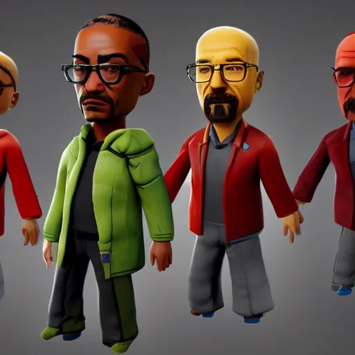 Prompt: walter white, jesse pinkman, and gus fring as fortnite skins, 3 d model, high resolution