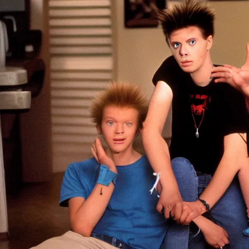 Prompt: wide angle movie still of the teenage actors who play beavis and butthead