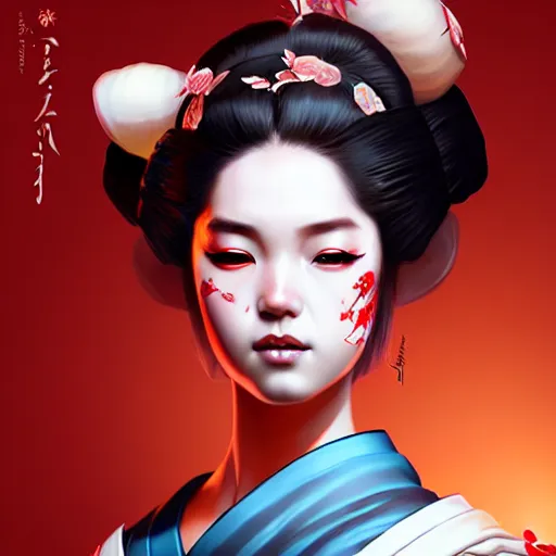 Prompt: pretty geisha, d & d digital painting, ultra realistic, beautiful, volumetric lighting, cell shading, by james jean, greg rutkowski, wlop